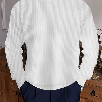 Men'S Casual Crew Neck Ribbed Knit Sweater, Polyester 95% Spandex 5% Solid Color Long Sleeve Top, Slight Stretch Loose Fit for Hiking & Outdoor, 240g/m² Knit Fabric, Spring/Fall/Winter Wear